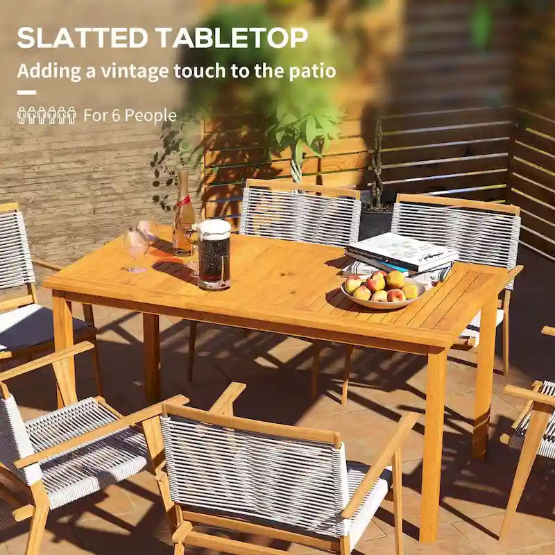 Table de patio rectangulaire Outsunny pour 6 personnes, table de repas d'extérieur avec trou pour parasol, table en bois d'acacia pour jardin, cour, terrasse