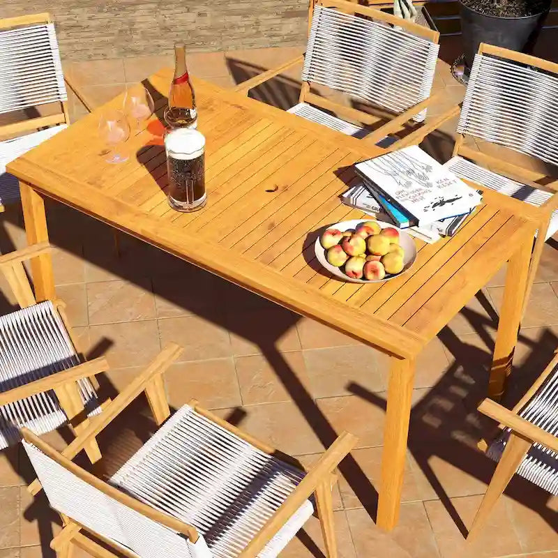 Table de patio rectangulaire Outsunny pour 6 personnes, table de repas d'extérieur avec trou pour parasol, table en bois d'acacia pour jardin, cour, terrasse
