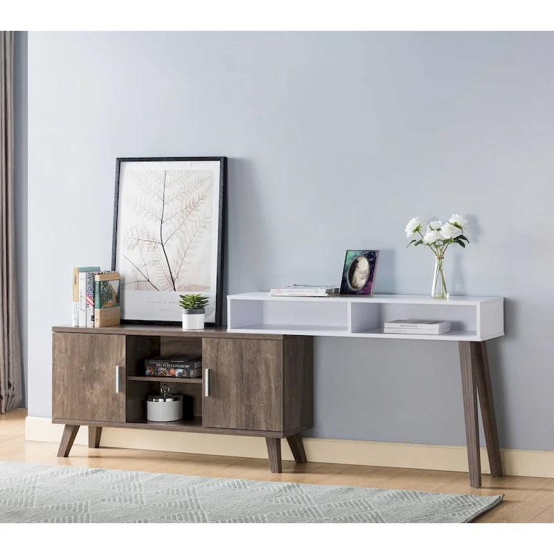 Console d'entrée avec plusieurs compartiments de rangement et vitrine, couleur noisette et blanc