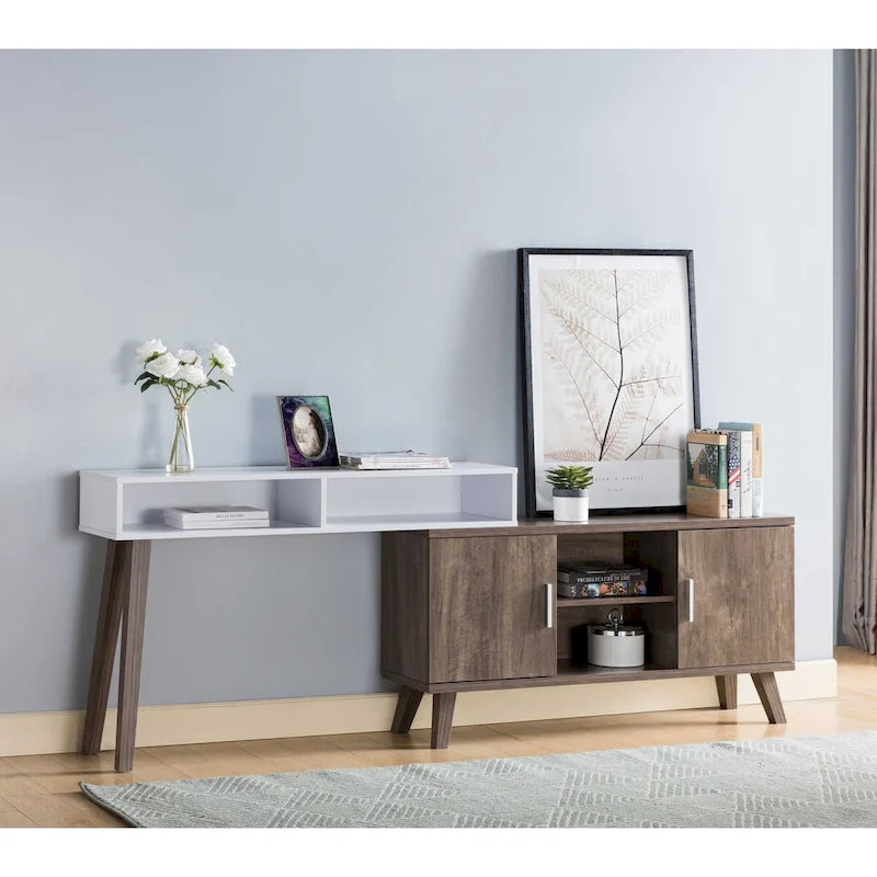 Console d'entrée avec plusieurs compartiments de rangement et vitrine, couleur noisette et blanc
