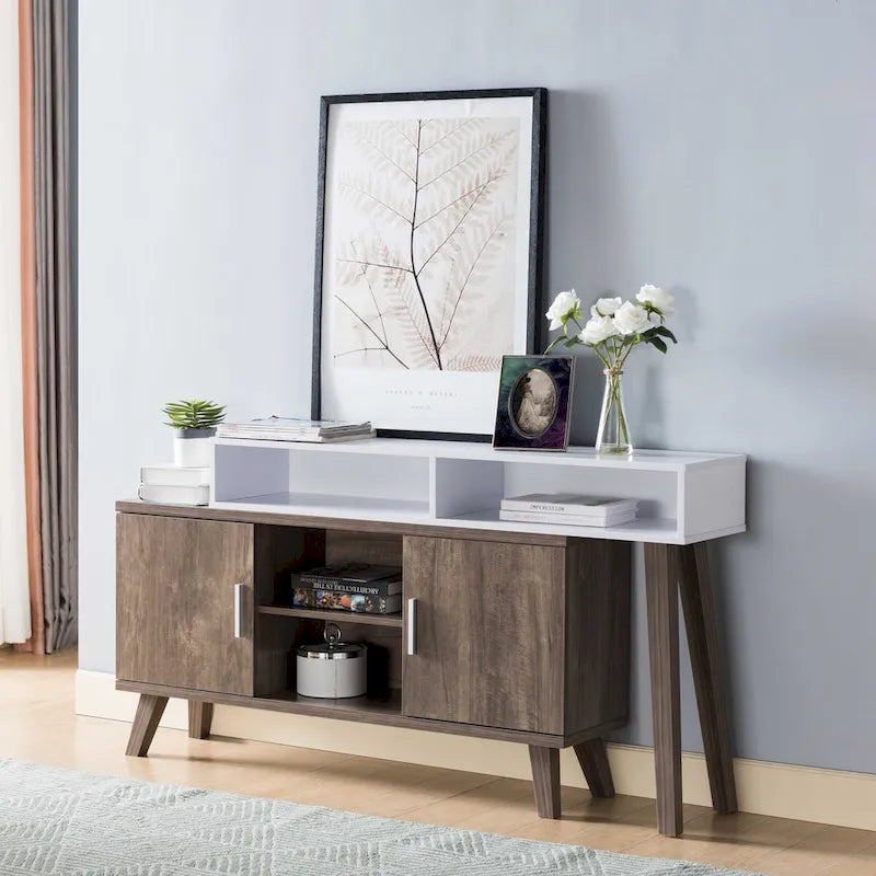 Console d'entrée avec plusieurs compartiments de rangement et vitrine, couleur noisette et blanc