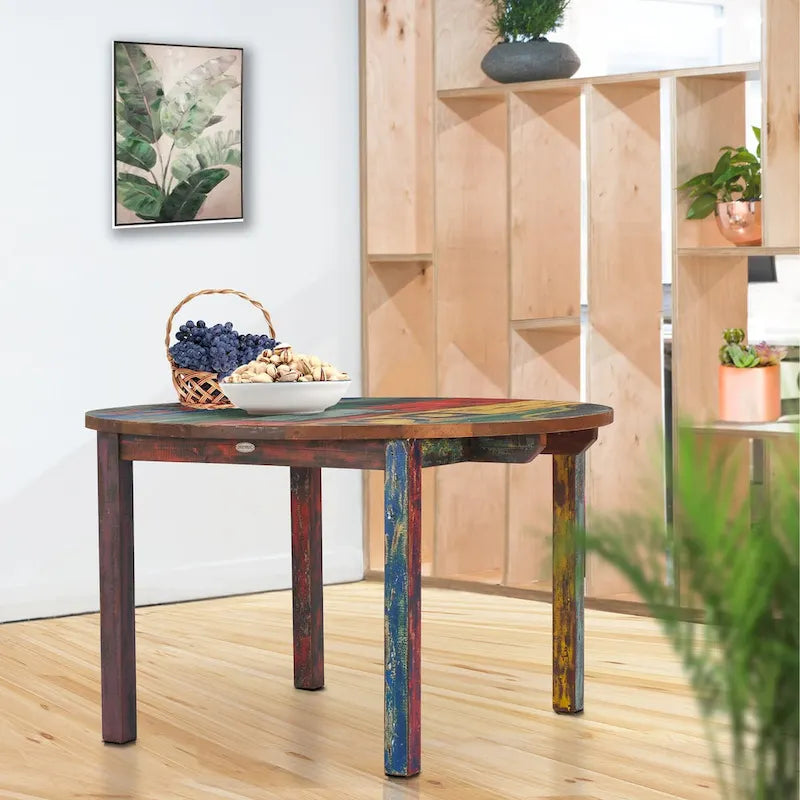 Table de salle à manger ronde Chic Teak fabriquée à partir de bois de teck recyclé provenant de bateaux, 122 cm (48 pouces) - Multicolore