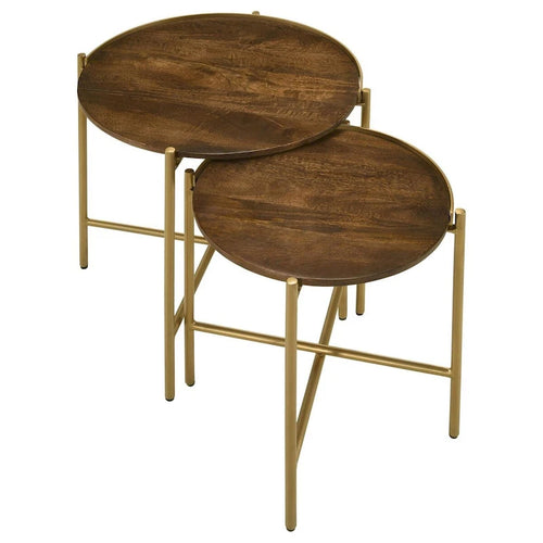 Ensemble de 2 tables gigognes rondes, fer doré, bois de manguier moderne, brun chaud