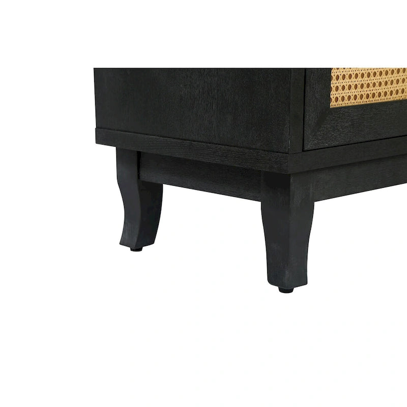 Buffet en rotin noir avec panneaux en bois de qualité supérieure fabriqués à la main, 4 portes en rotin et étagères réglables