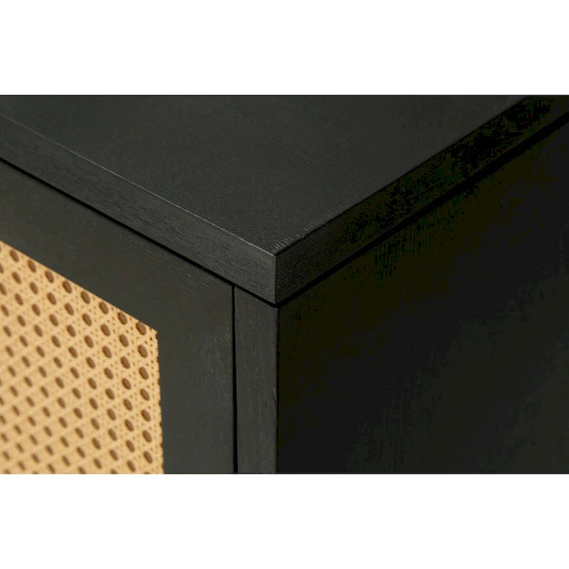 Buffet en rotin noir avec panneaux en bois de qualité supérieure fabriqués à la main, 4 portes en rotin et étagères réglables