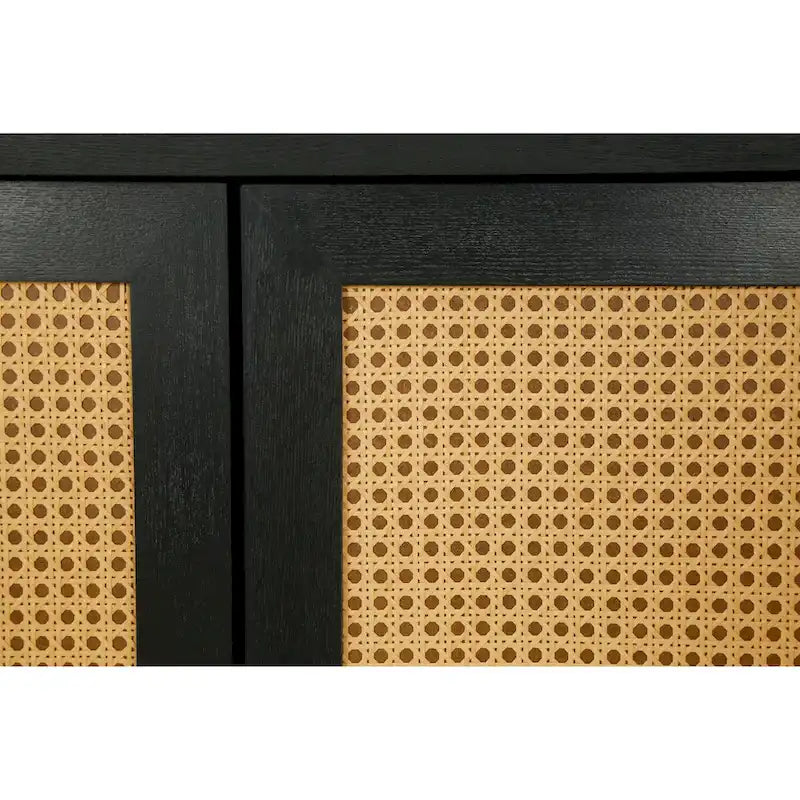Buffet en rotin noir avec panneaux en bois de qualité supérieure fabriqués à la main, 4 portes en rotin et étagères réglables