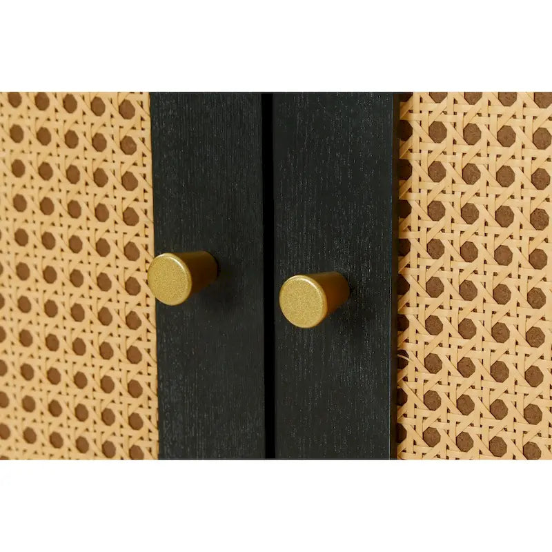 Buffet en rotin noir avec panneaux en bois de qualité supérieure fabriqués à la main, 4 portes en rotin et étagères réglables