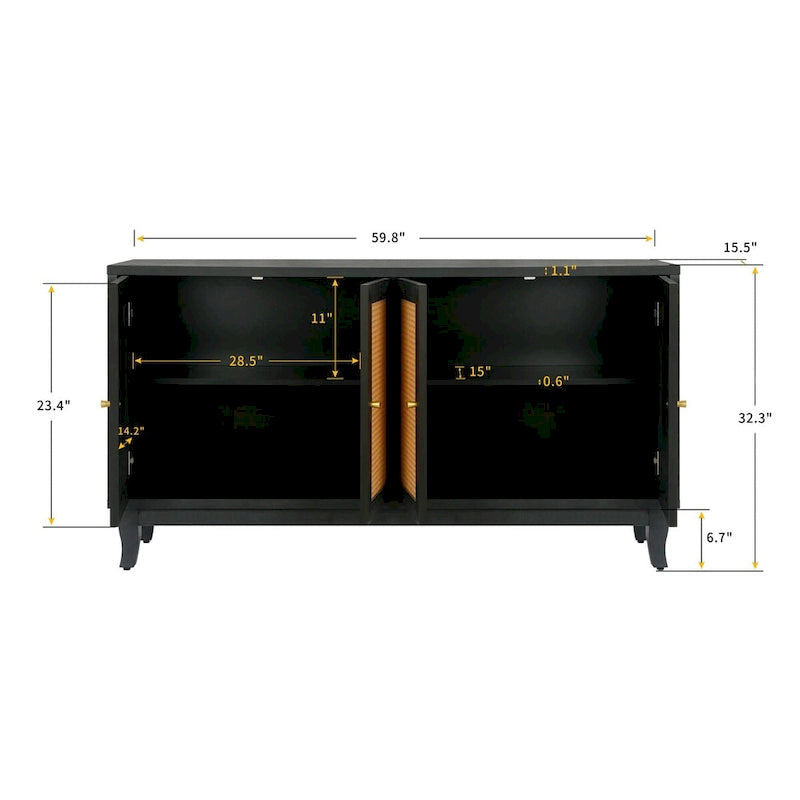 Buffet en rotin noir avec panneaux en bois de qualité supérieure fabriqués à la main, 4 portes en rotin et étagères réglables