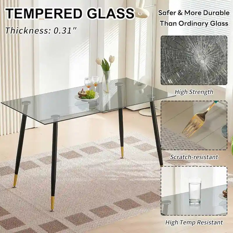 Ensemble table et chaises en verre gris Howtai avec 4 chaises en velours pour cuisine et salle à manger.