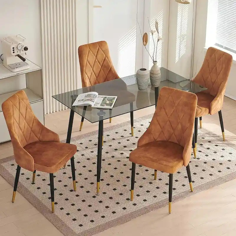 Ensemble table et chaises en verre gris Howtai avec 4 chaises en velours pour cuisine et salle à manger.
