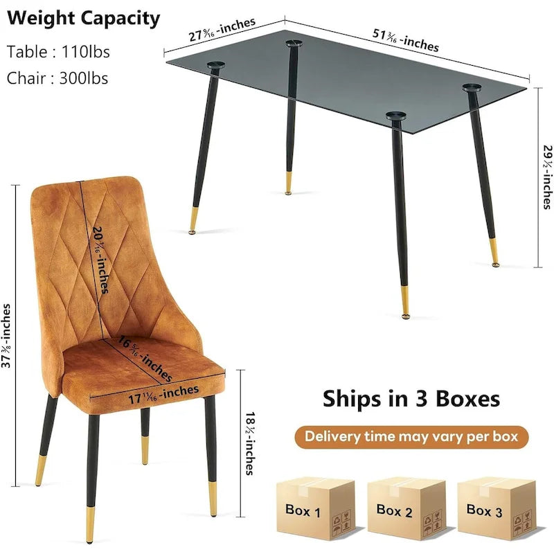 Ensemble table et chaises en verre gris Howtai avec 4 chaises en velours pour cuisine et salle à manger.