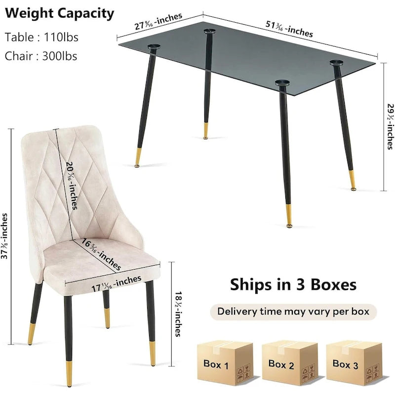 Ensemble table et chaises en verre gris Howtai avec 4 chaises en velours pour cuisine et salle à manger.