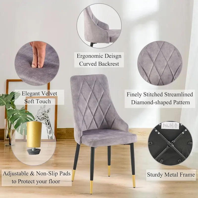 Ensemble table et chaises en verre gris Howtai avec 4 chaises en velours pour cuisine et salle à manger.