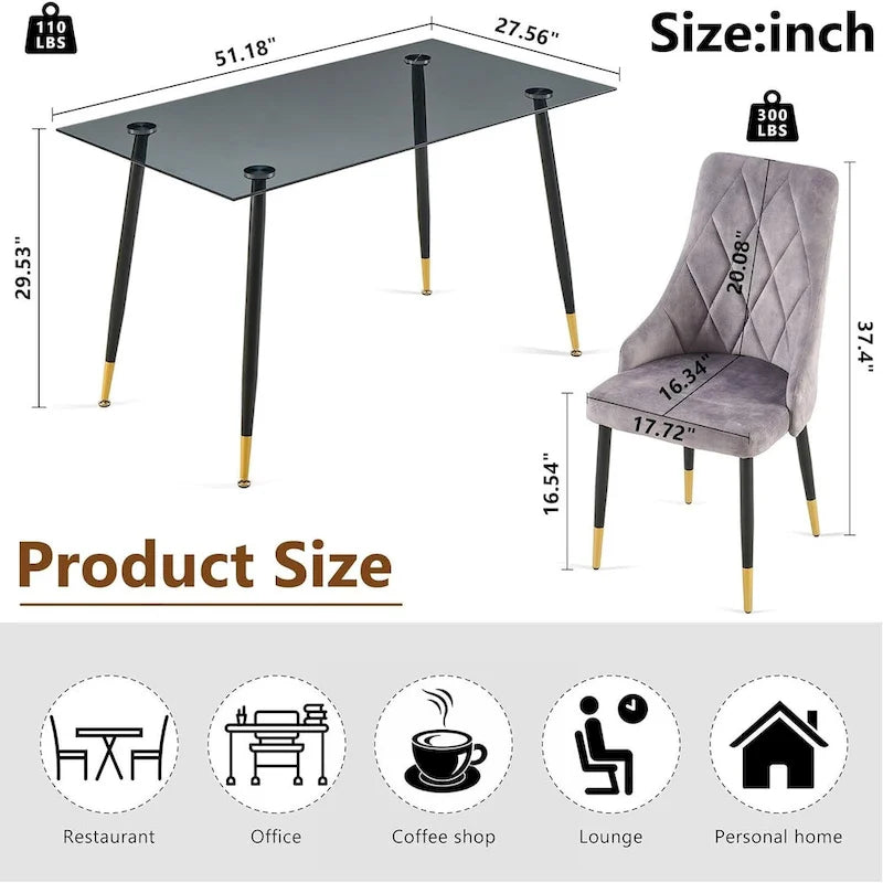 Ensemble table et chaises en verre gris Howtai avec 4 chaises en velours pour cuisine et salle à manger.