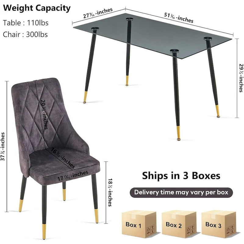 Ensemble table et chaises en verre gris Howtai avec 4 chaises en velours pour cuisine et salle à manger.