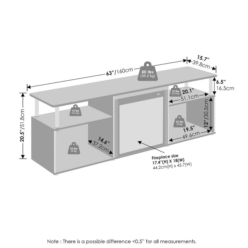 Meuble TV avec cheminée électrique décorative Furinno Jensen, rangement ouvert, sans chaleur, pour téléviseurs jusqu'à 70 pouces.