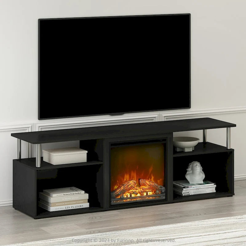 Meuble TV avec cheminée électrique décorative Furinno Jensen, rangement ouvert, sans chaleur, pour téléviseurs jusqu'à 70 pouces.