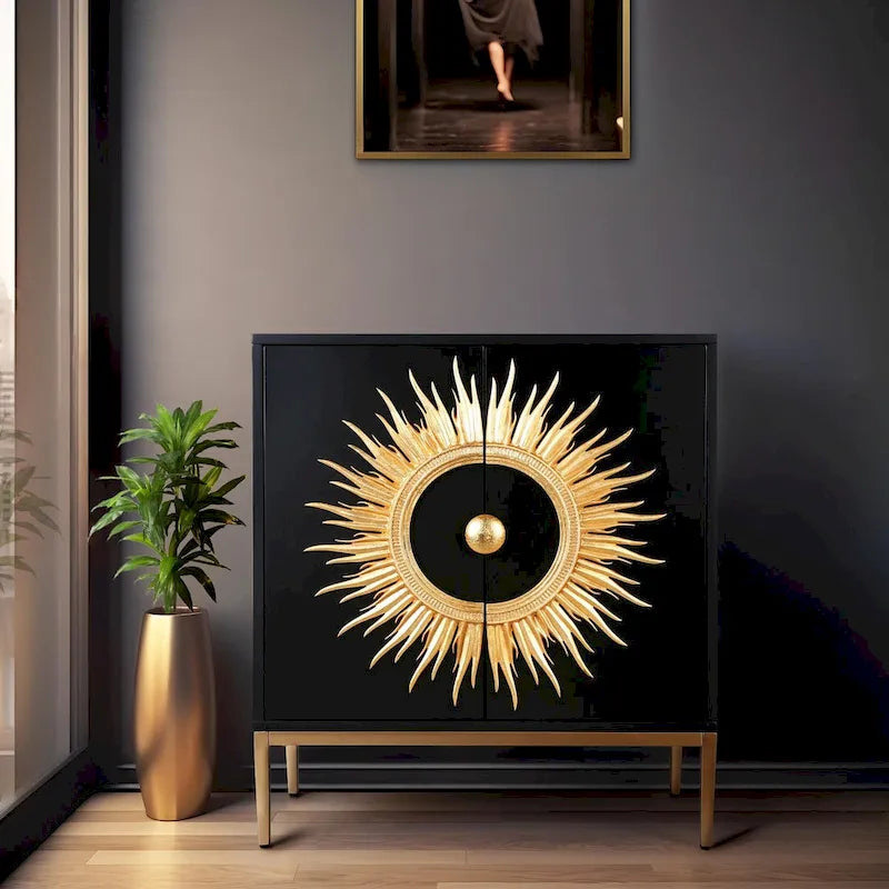 Buffet d'appoint à 2 portes, meuble de rangement pour salle à manger, crédence style soleil, salon