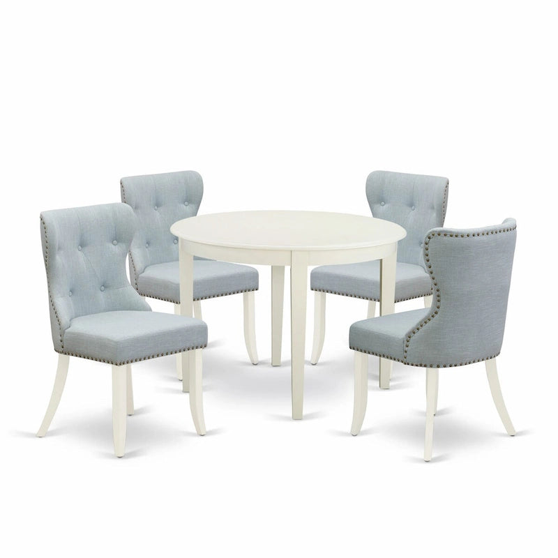 Ensemble de salle à manger East West Furniture : table de cuisine et chaises Parson en lin bleu ciel, lin blanc (composition au choix).
