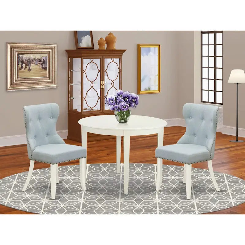 Ensemble de salle à manger East West Furniture : table de cuisine et chaises Parson en lin bleu ciel, lin blanc (composition au choix).