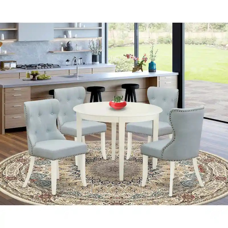 Ensemble de salle à manger East West Furniture : table de cuisine et chaises Parson en lin bleu ciel, lin blanc (composition au choix).