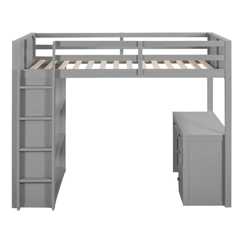 Lit mezzanine simple avec échelle, étagères, cadre de lit mezzanine en bois massif avec bureau à 4 tiroirs, sommier non requis