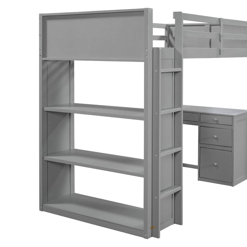 Lit mezzanine simple avec échelle, étagères, cadre de lit mezzanine en bois massif avec bureau à 4 tiroirs, sommier non requis