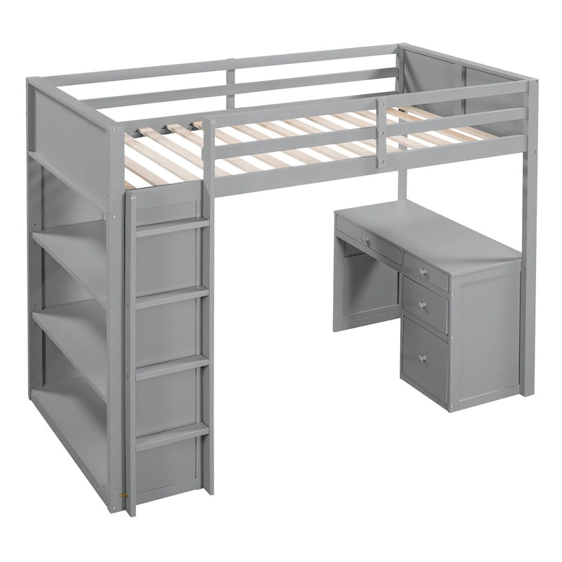 Lit mezzanine simple avec échelle, étagères, cadre de lit mezzanine en bois massif avec bureau à 4 tiroirs, sommier non requis
