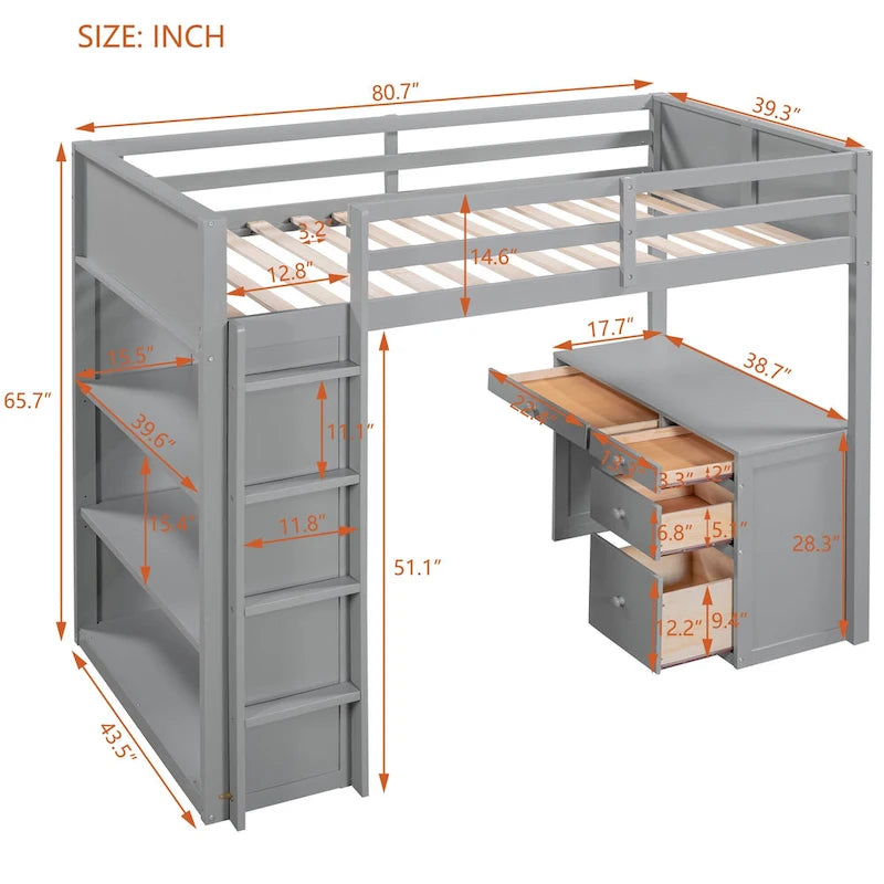 Lit mezzanine simple avec échelle, étagères, cadre de lit mezzanine en bois massif avec bureau à 4 tiroirs, sommier non requis