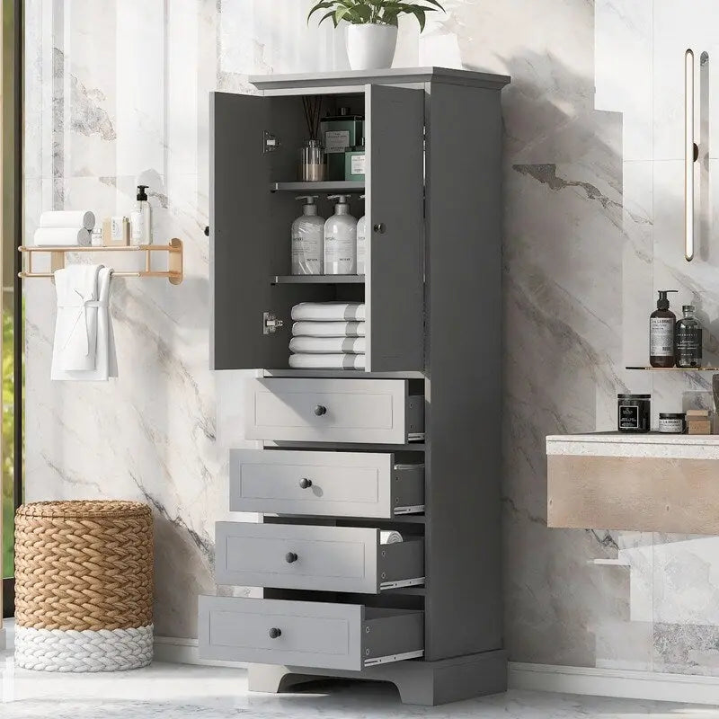 Meuble de rangement de salle de bain avec 2 portes et 4 tiroirs, étagère réglable