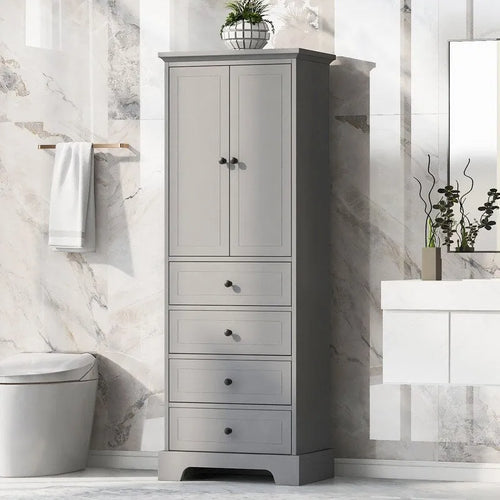 Meuble de rangement de salle de bain avec 2 portes et 4 tiroirs, étagère réglable