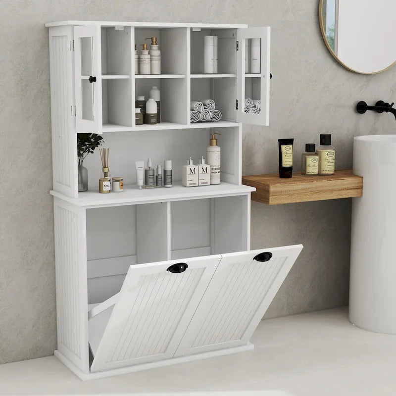 Armoire de rangement blanche de 152 cm de haut, avec panier à linge sale inclinable à deux compartiments et 2 étagères réglables.