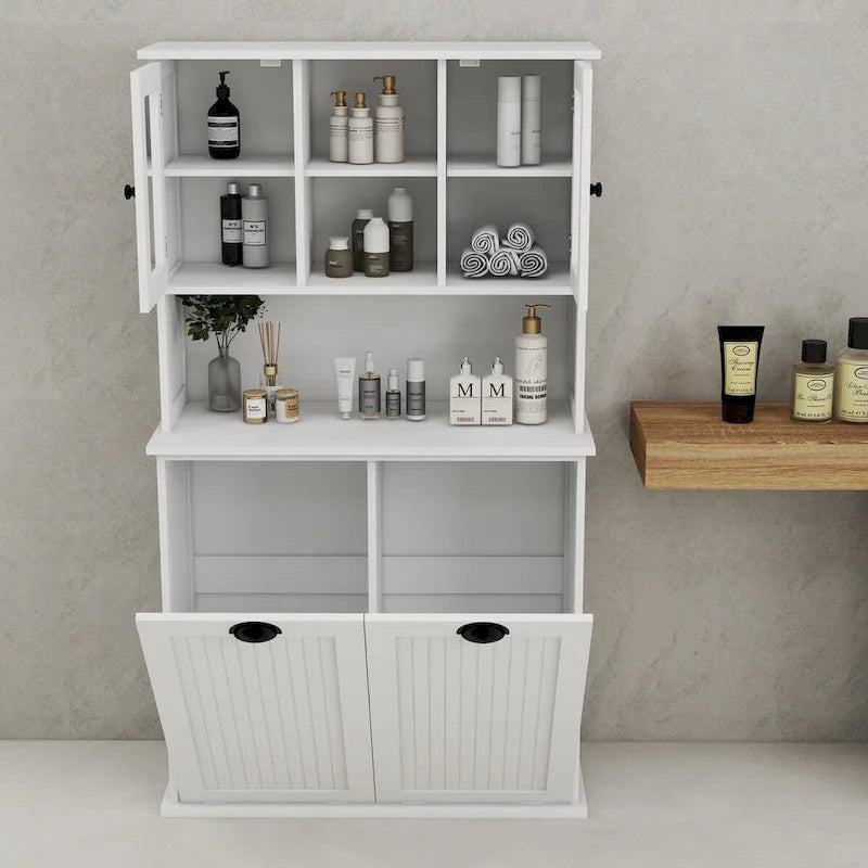Armoire de rangement blanche de 152 cm de haut, avec panier à linge sale inclinable à deux compartiments et 2 étagères réglables.