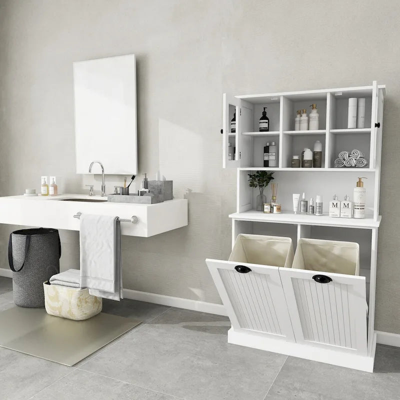 Armoire de rangement blanche de 152 cm de haut, avec panier à linge sale inclinable à deux compartiments et 2 étagères réglables.