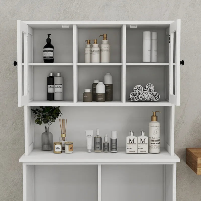 Armoire de rangement blanche de 152 cm de haut, avec panier à linge sale inclinable à deux compartiments et 2 étagères réglables.