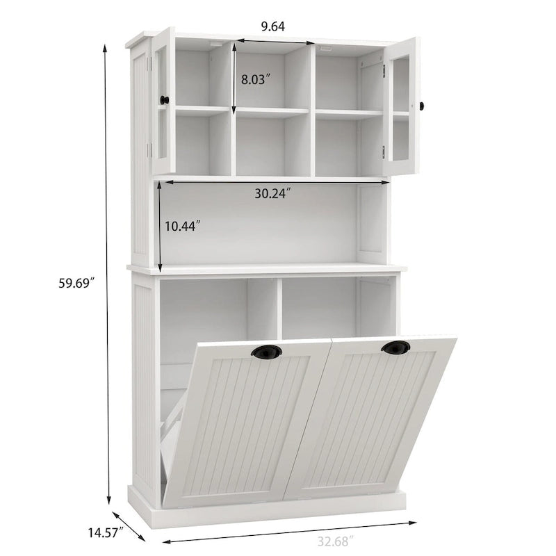 Armoire de rangement blanche de 152 cm de haut, avec panier à linge sale inclinable à deux compartiments et 2 étagères réglables.