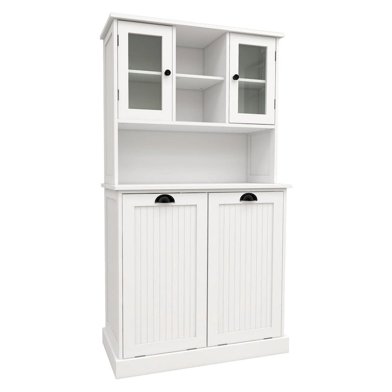 Armoire de rangement blanche de 152 cm de haut, avec panier à linge sale inclinable à deux compartiments et 2 étagères réglables.