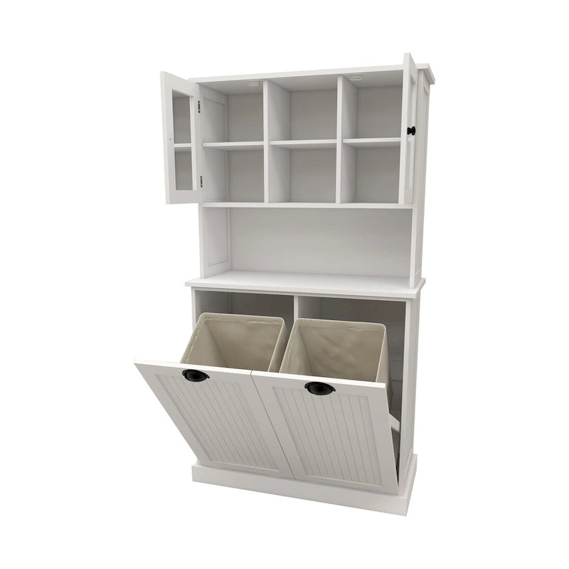 Armoire de rangement blanche de 152 cm de haut, avec panier à linge sale inclinable à deux compartiments et 2 étagères réglables.