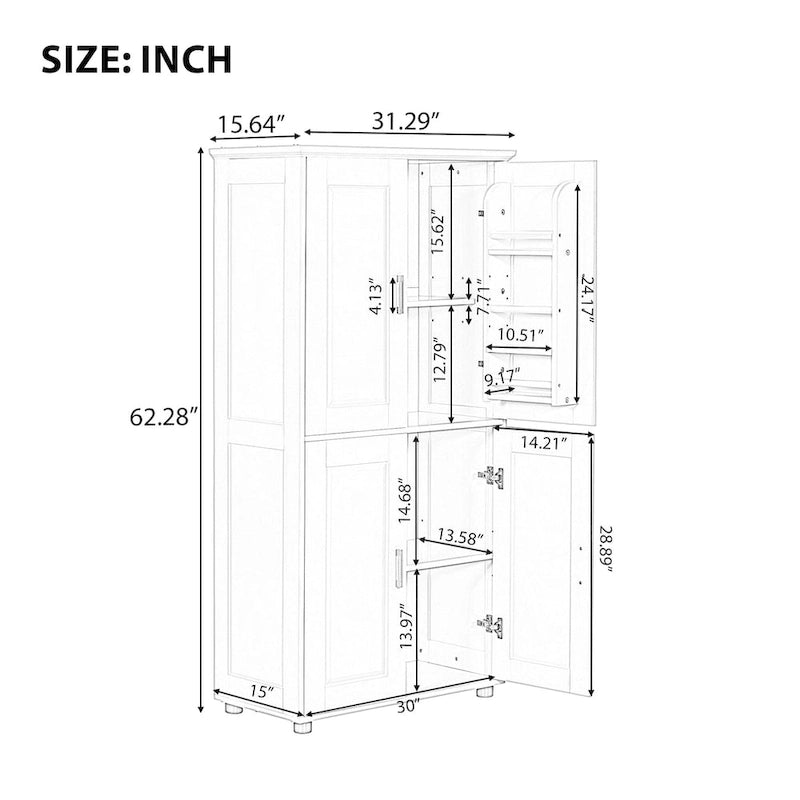 Meuble de rangement de salle de bain haut et large, unité de rangement pour salle de bain, meuble autoportant à 4 portes, étagères réglables