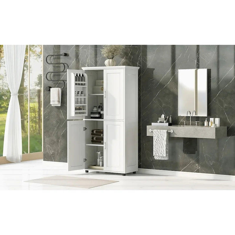 Meuble de rangement de salle de bain haut et large, unité de rangement pour salle de bain, meuble autoportant à 4 portes, étagères réglables