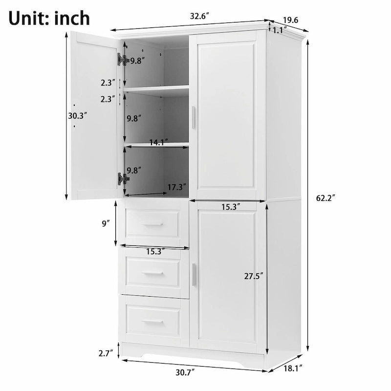 Armoire de rangement haute et large avec portes et trois tiroirs