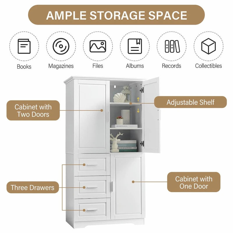 Armoire de rangement haute et large avec portes et trois tiroirs