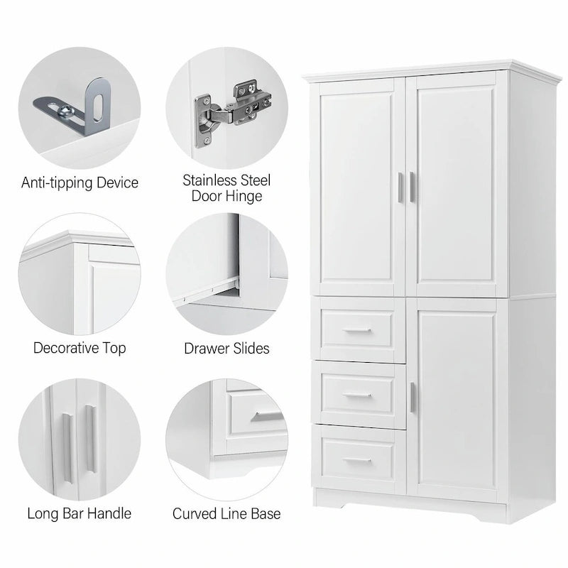 Armoire de rangement haute et large avec portes et trois tiroirs