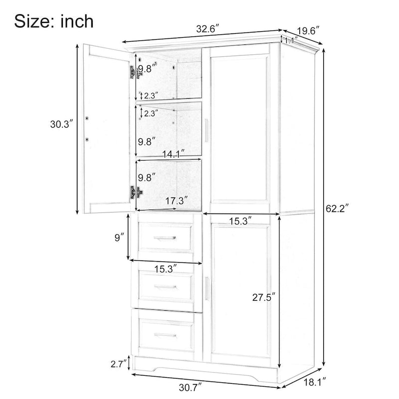 Armoire de rangement haute et large avec portes et trois tiroirs