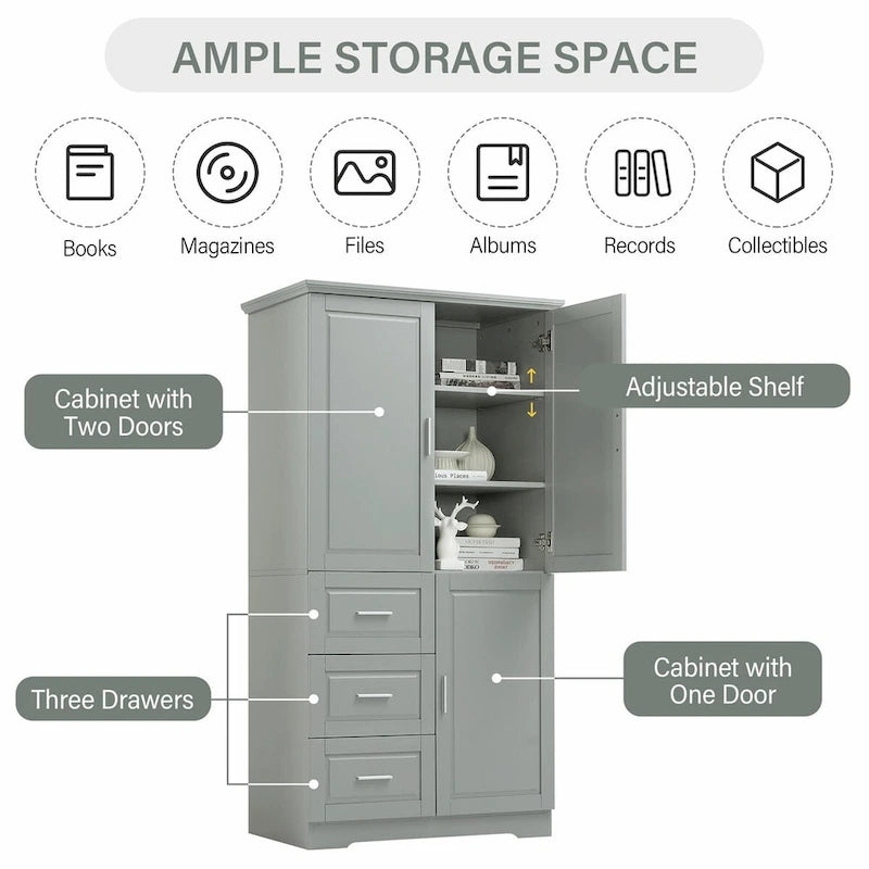 Armoire de rangement haute et large avec portes et trois tiroirs