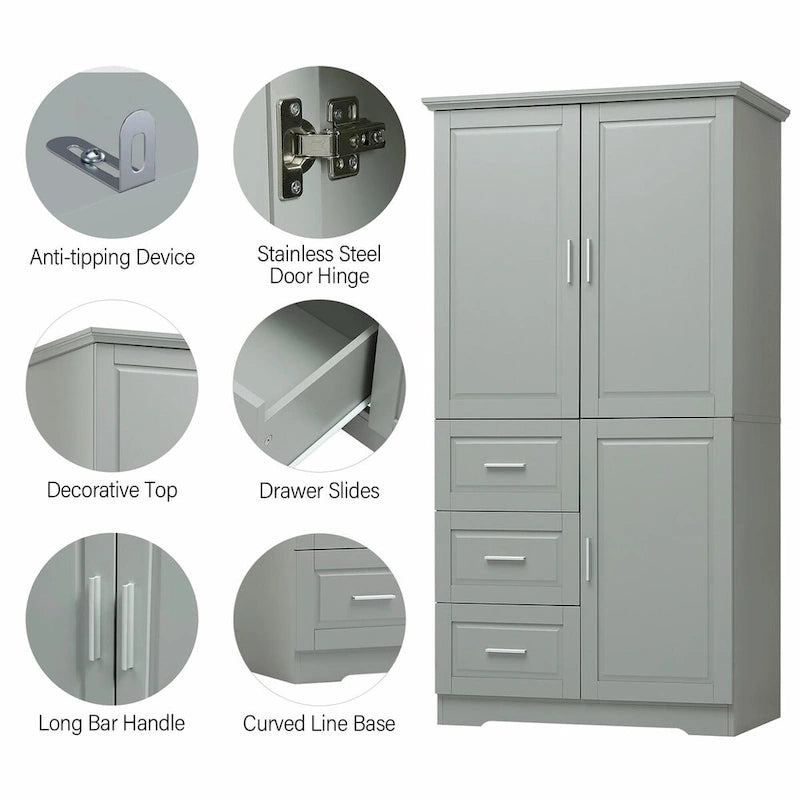 Armoire de rangement haute et large avec portes et trois tiroirs