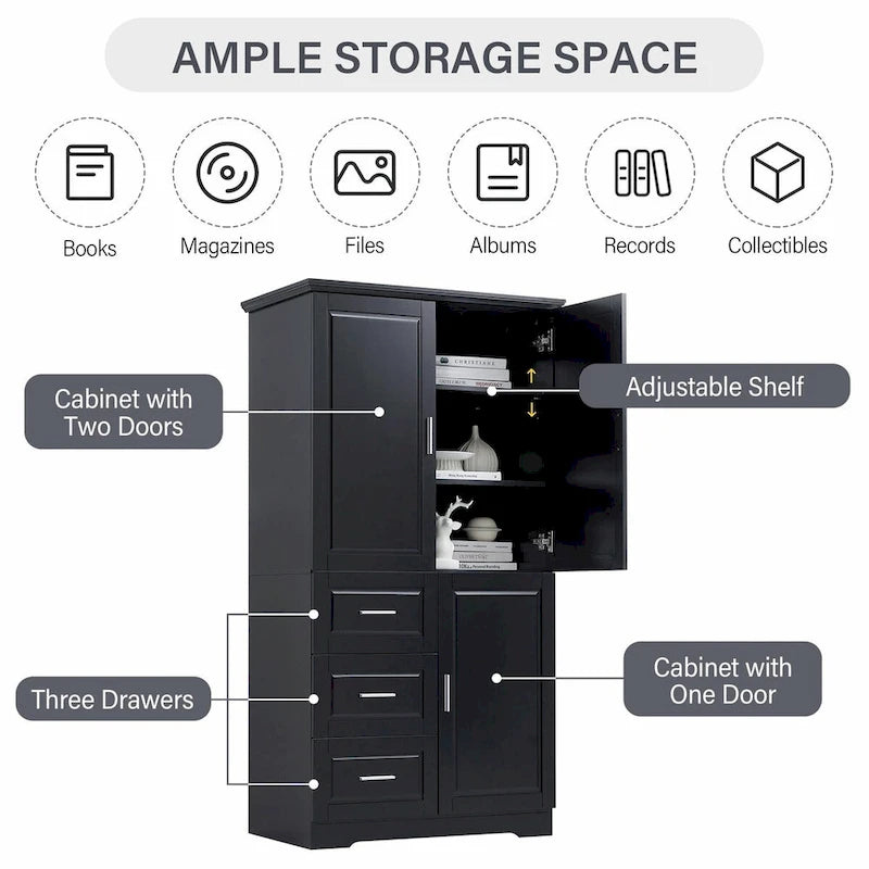 Armoire de rangement haute et large avec portes et trois tiroirs