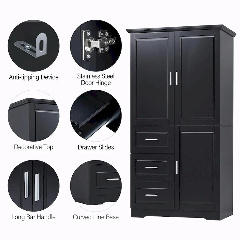 Armoire de rangement haute et large avec portes et trois tiroirs