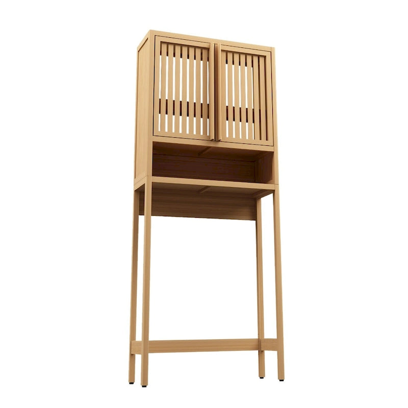 Étagère de rangement à placer au-dessus des toilettes, en bambou naturel, de 65 cm de haut, avec 2 portes.