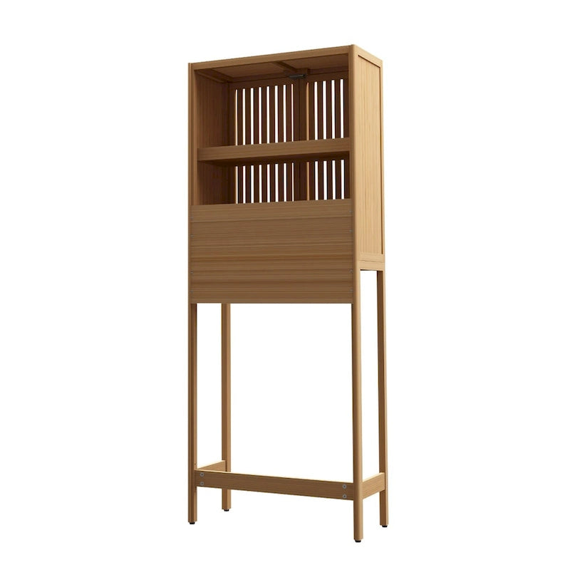 Étagère de rangement à placer au-dessus des toilettes, en bambou naturel, de 65 cm de haut, avec 2 portes.